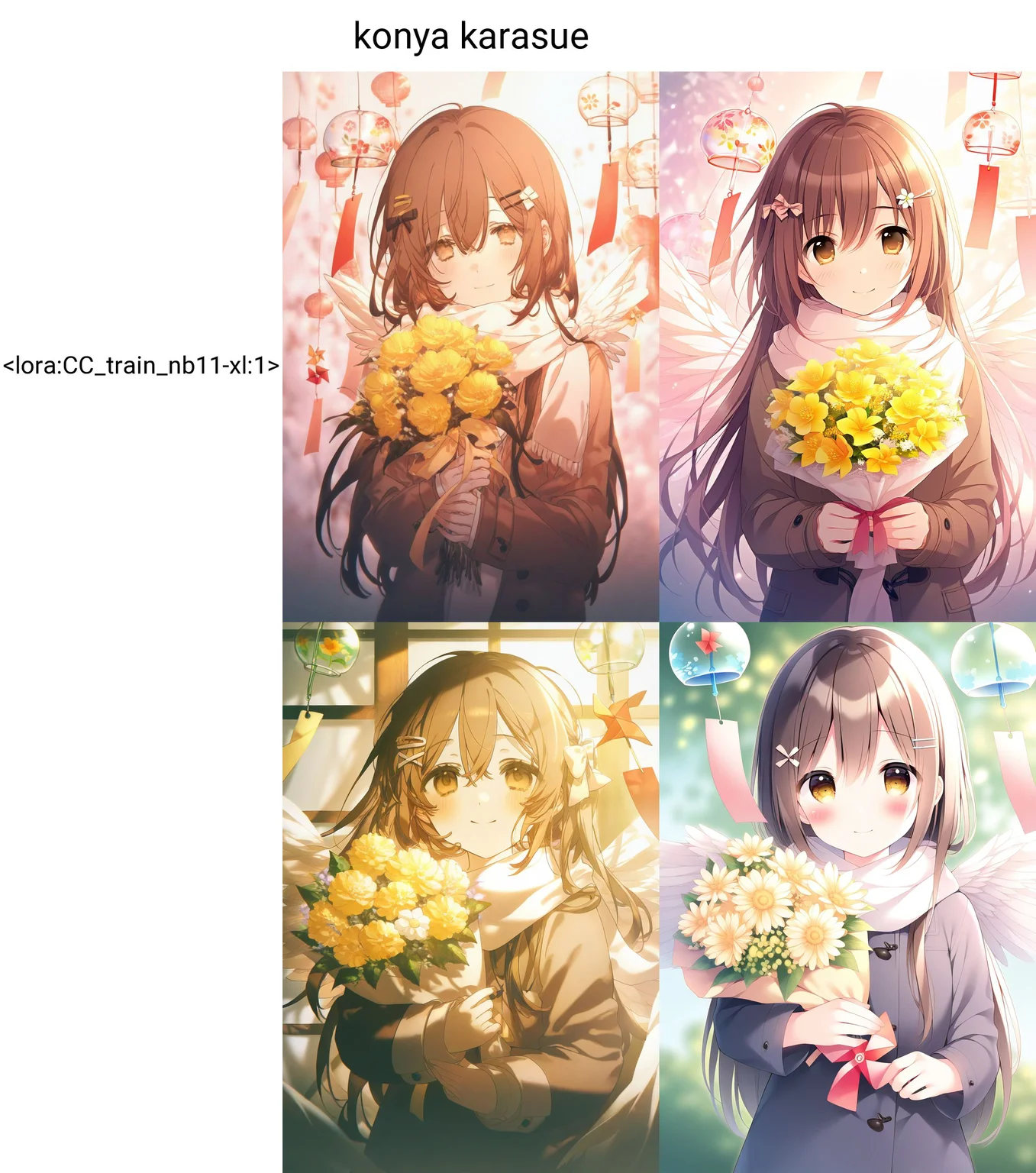 1girl, solo, flower, long hair, hair ornament, brown hair, white scarf, holding, hairclip, smile, scarf, looking at viewer, wings, upper body, brown eyes, long sleeves, wind chime, hair between eyes, bow, hair bow, bouquet, closed mouth, yellow flower, coat, pinwheel, jacket,<lora:CC_train_nb11-xl:1>konya karasue,, masterpiece,best quality,amazing quality,very aesthetic,absurdres,newest,