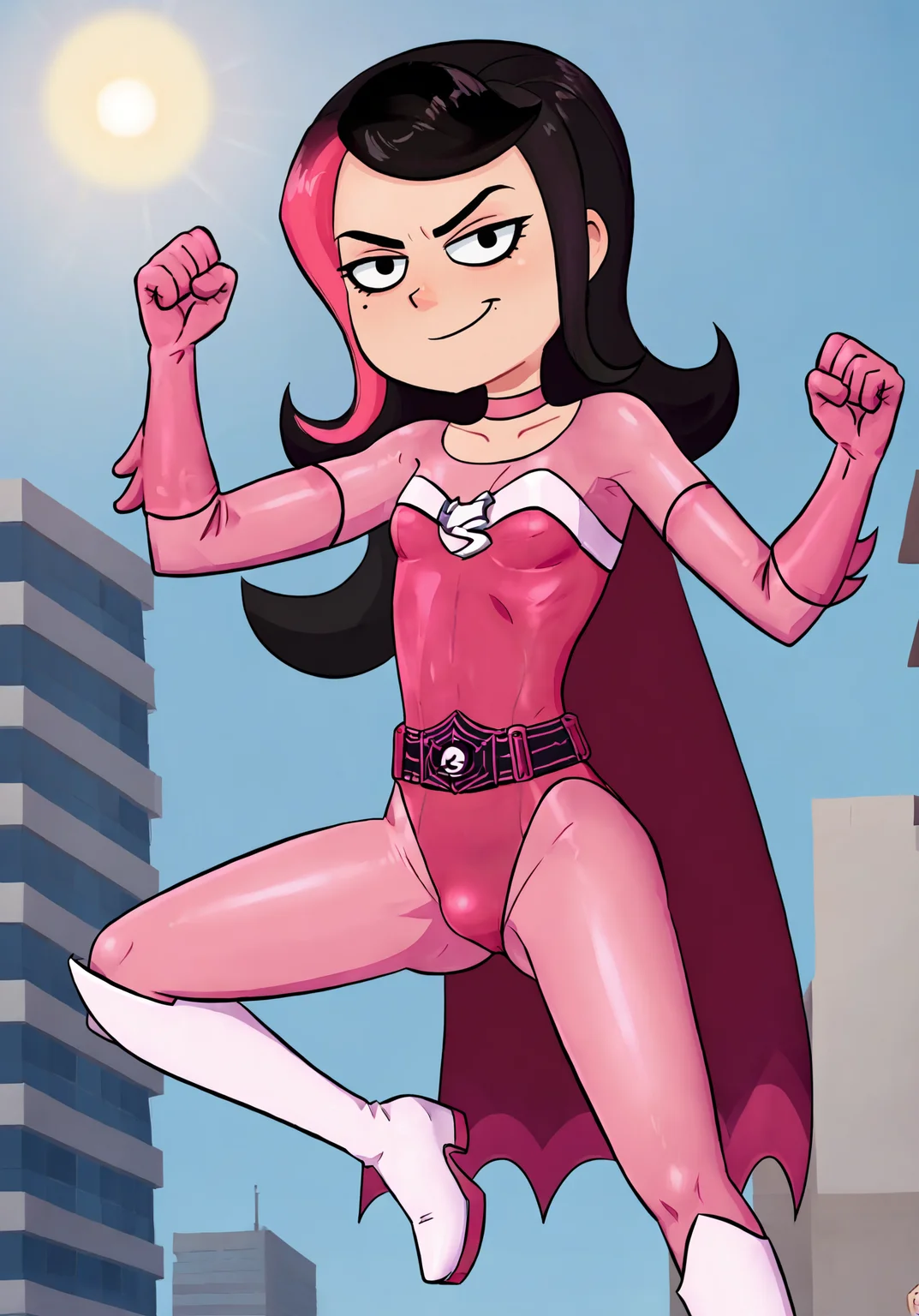 best quality,amazing quality,very aesthetic,absurdres,solo,1boy,,close-up,<lora:shezow:0.8>,shezow,(parody:0.8),partially_colored_hair, two-tone hair, black hair,(pink hair:0.9),city,motion line,pink hero costume,pink leotard,white elbow glove, white boots,belt,pink chocker,small breasts,superhero pose,<lora:officialpit_style_v11:0.3>,raised fist, looking looking at viewer,flying,pink cape,bulge,from below,light from behind, sun,bodysuit