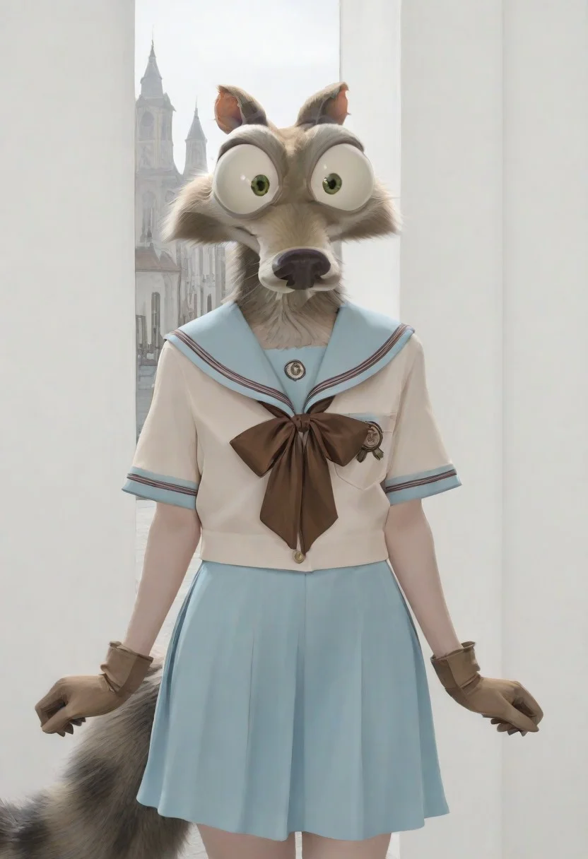 masterpiece, best quality, 1boy, Scrat, long snout, bushy tail, bulging eyes, striped tail, brown gloves, mint serafuku, serafuku, blue skirt, brown bow, short sleeves, city background, detailed background