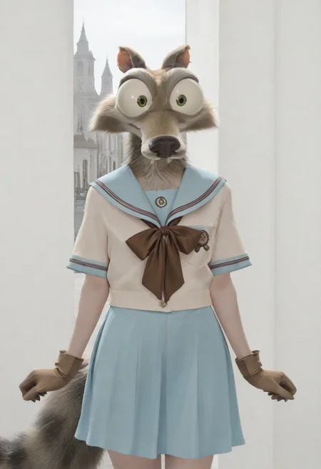 masterpiece, best quality, 1boy, Scrat, long snout, bushy tail, bulging eyes, striped tail, brown gloves, mint serafuku, serafuku, blue skirt, brown bow, short sleeves, city background, detailed background