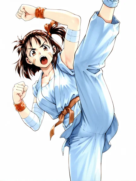 masterpiece,best quality,newest,1girl,solo,
<lora:i_ryouko_ilxl_v1.2:1>,
ryouko,brown hair,Side ponytail,ribbon,r_clothes,bandaid on face,bandaged arm,r_sneakers,toeless legwear,raised fist,arm up,<lora:Fixhands_anime_bdsqlsz_V1:1>,looking_at_viewer,simple_background,white_background,face_focus,(attack,(side kicking),standing on one leg,),high_kick,open mouth,(serious:0.9),