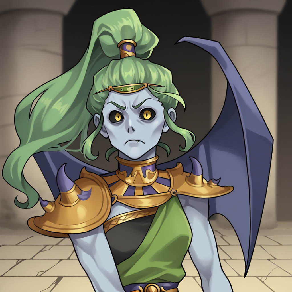 zPDXL2,score_9, score_8_up, score_7_up, score_6_up, score_5_up, score_4_up, source_anime,1girl, solo  <lora:Tisiphone_-_Hades:0.8> tisiphone_hades, green hair, ponytail, black sclera, yellow eyes, blue skin, bat wing, single wing, ancient greek clothes, snarl, rage, haunted, indoors, stone, ruins, zombie, emaciated, green smoke, looking at viewer, wide eyes, shrunken pupils