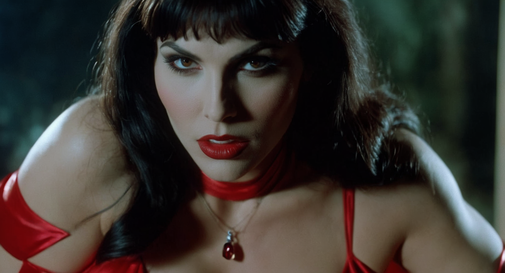cinematic film still of  Cinematic Film stock footage in (arri alexa style) Kodak film print,  <lora:vampirella:1> Vampirella a fictional vampire super-heroine  horror comics magazine Vampire Creepy and Eerie, shallow depth of field, vignette, highly detailed, high budget, bokeh, cinemascope, moody, epic, gorgeous, film grain, grainy