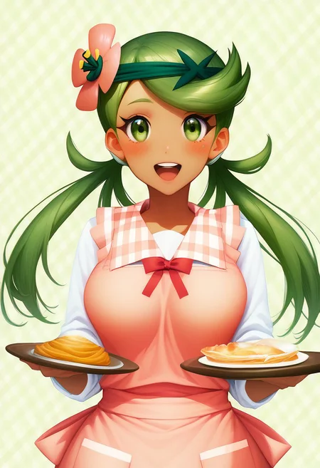 score_9, score_8_up, score_8, big breasts, cute, eyelashes,  curvy, 
zzMallow, green hair, green eyes, hair flower, hair ornament,  :d, apron, blouse, blush,  holding, holding plate, long hair, open mouth, pink apron, plaid, plaid sailor collar, plate, red ribbon, ribbon, sailor collar, shirt, smile, solo, upper body, white shirt