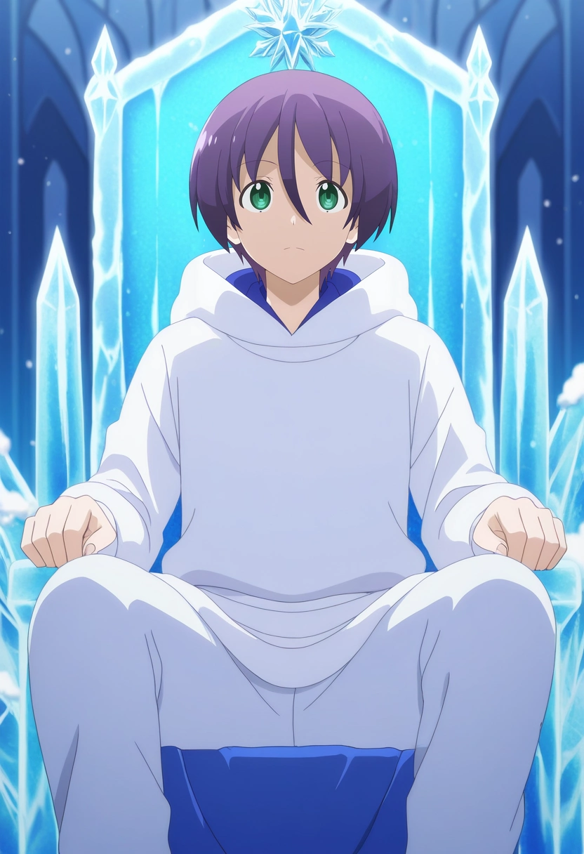 masterpiece, best quality, , anime screencap, anime coloring, official style,, 1boy, solo, male focus, <lora:nasa_yuzaki_ilxl:0.96>, nasa_yuzaki, purple hair, green eyes, short hair, hair between eyes, , ice palace, frost columns, snow halls, crystal throne, royal pose, regal expression, winter light,