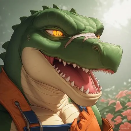 very detailed, highly detailed texture, (highly detailed face, (perfect face, perfect eyes)), depth of field, perfect soft lighting, best shadows, perfect reflections, volumetric, detailed image, high resolution, anime, male focus, score_9, score_8_up, yellow eyes,score_7_up, score_6_up, mature male,Dandy,reptile, ,nose piercing,green scales, no fur, red eyes, thick black eyebrows, muscular arms, strong legs, long tail, sharp teeth, scar over left eye, confident smirk, orange gloves, blue and orange snowboard boots, fur-lined brown shorts, red belt, bandage on left arm , close up, side angle, smile, outside,,1boy , solo,flower background