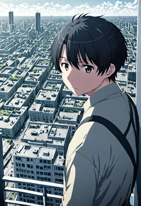 high resolution, solo, best quality, 1Boy, Inaho Kaizuka, Black Hair, high-rise, top of building, landscape, shallow depth of field, OverallDetail