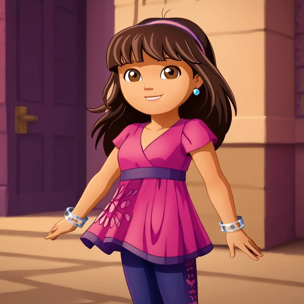 score_9, solo, dora_af, dark-skinned female, brown hair, long hair, hairband, earrings, brown eyes, dress, leggings, smile,