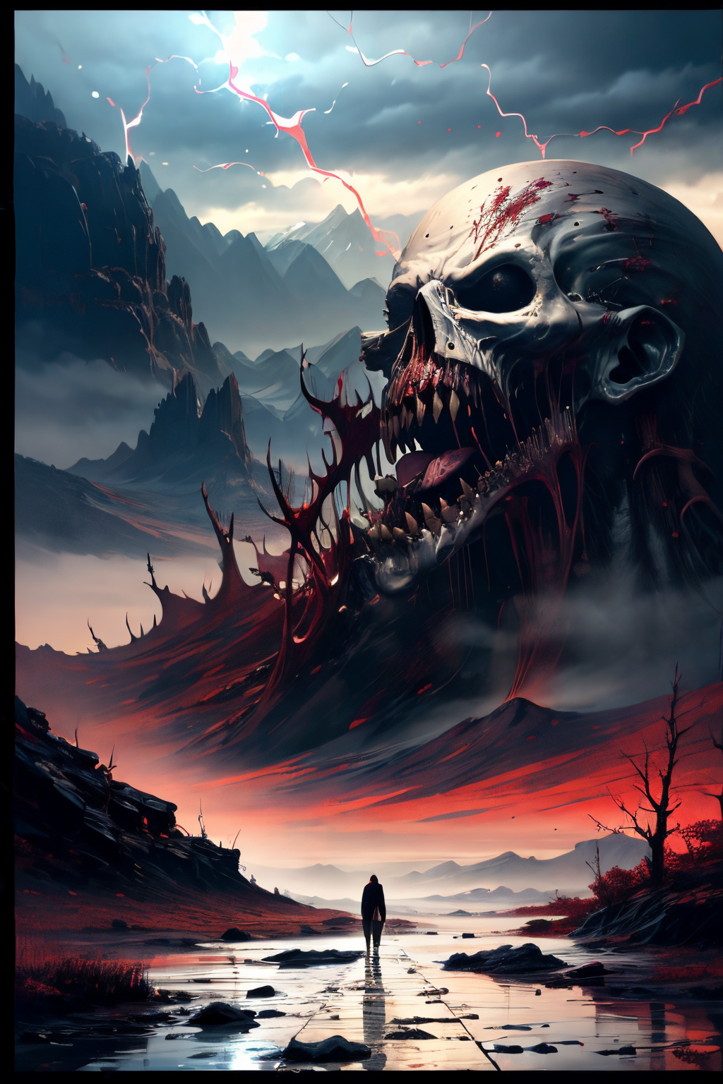 (Realistic:1.5) EdobHorrorLandscape , blood, dark, dark, bone, standing, giant, mountain, lightning, fog, tongue out, <lora:EdobHorrorLandscape_v1.0:0.8>