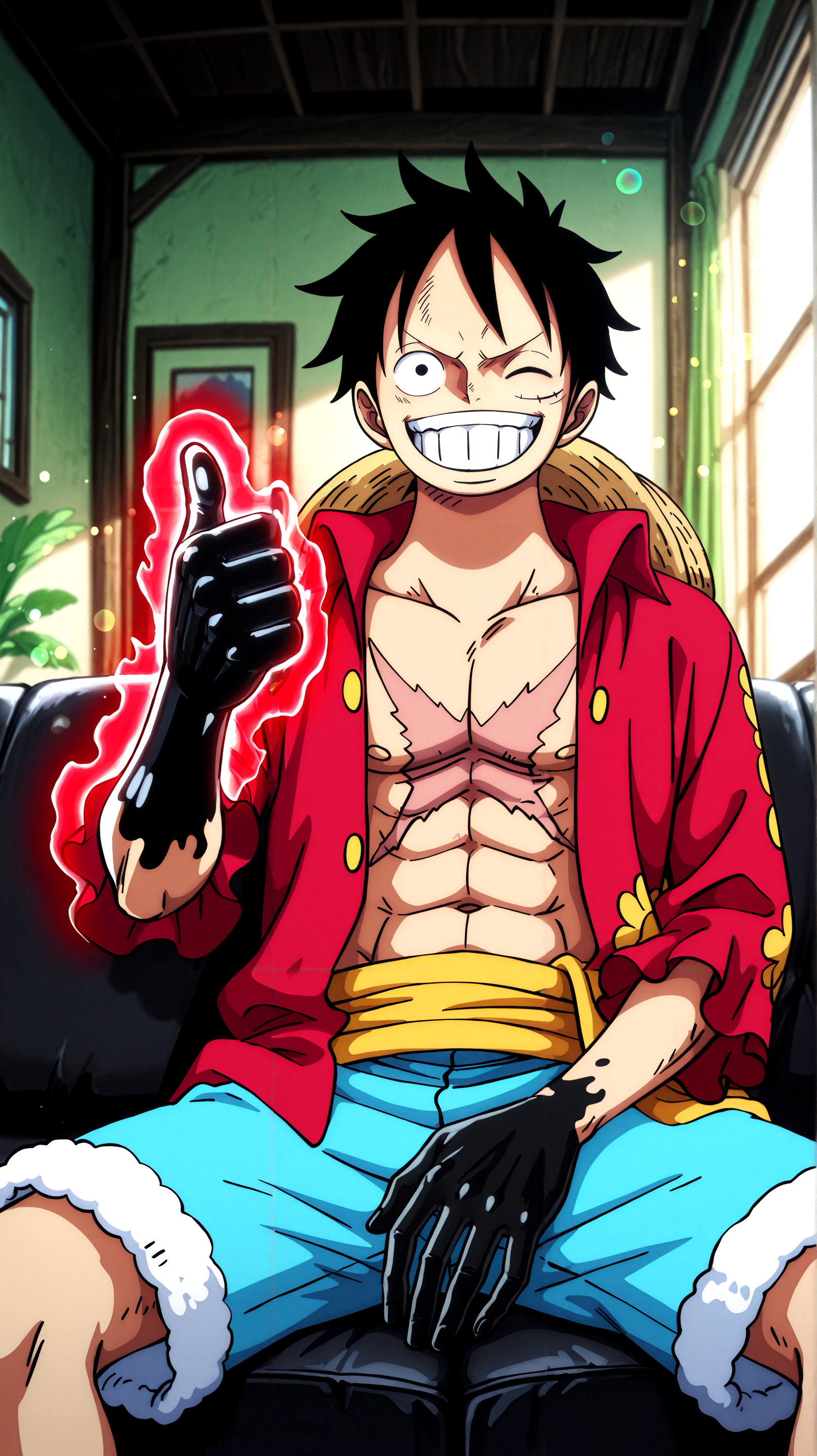 masterpiece \(quality\), year2024, year2023,
best quality, amazing quality, absurd res, best resolution, very aesthetic, 4k, latest, (Detailed face: 1.8), (detailed background:1.1) ,
<lora:one_piece_wano_style_ilxl:0.7> one_piece_wano_style
<lora:Armament_Haki_One_Piece_for_Illustrious:0.9> busÅshoku, (busÅshoku_hand, single black hand,) 
1boy, luffy, straw hat, red open frills shirt, scar on chest, scar under eye, thumbs up, hat off, sitting on couch, wink, shorts, living room, window, black hair,  lens flare, grin, hand in lap, red ryuo on single hand, aura on single hand, open shirt,