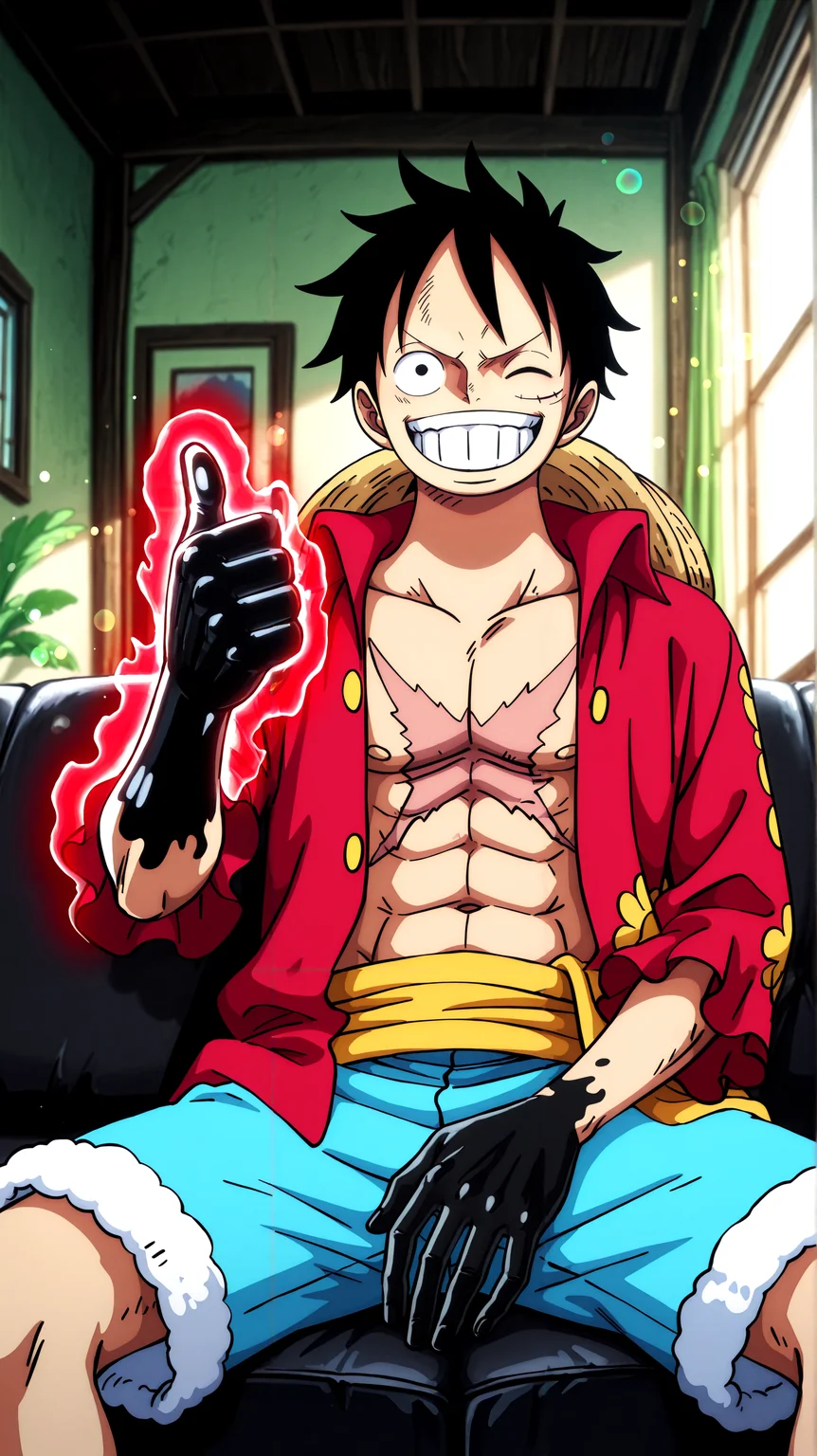 masterpiece \(quality\), year2024, year2023,
best quality, amazing quality, absurd res, best resolution, very aesthetic, 4k, latest, (Detailed face: 1.8), (detailed background:1.1) ,
<lora:one_piece_wano_style_ilxl:0.7> one_piece_wano_style
<lora:Armament_Haki_One_Piece_for_Illustrious:0.9> busĂ…ÂŤshoku, (busĂ…ÂŤshoku_hand, single black hand,)
1boy, luffy, straw hat, red open frills shirt, scar on chest, scar under eye, thumbs up, hat off, sitting on couch, wink, shorts, living room, window, black hair, lens flare, grin, hand in lap, red ryuo on single hand, aura on single hand, open shirt,