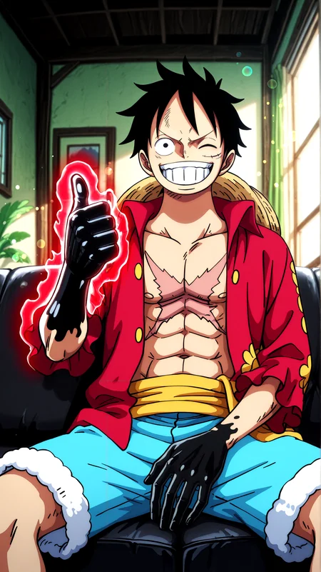 masterpiece \(quality\), year2024, year2023,
best quality, amazing quality, absurd res, best resolution, very aesthetic, 4k, latest, (Detailed face: 1.8), (detailed background:1.1) ,
<lora:one_piece_wano_style_ilxl:0.7> one_piece_wano_style
<lora:Armament_Haki_One_Piece_for_Illustrious:0.9> busÅshoku, (busÅshoku_hand, single black hand,)
1boy, luffy, straw hat, red open frills shirt, scar on chest, scar under eye, thumbs up, hat off, sitting on couch, wink, shorts, living room, window, black hair, lens flare, grin, hand in lap, red ryuo on single hand, aura on single hand, open shirt,