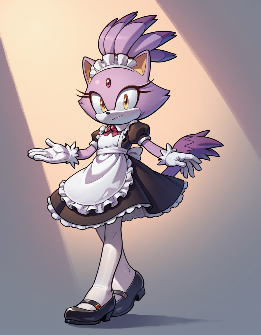 zPDXL, score_9, score_8_up, score_7_up, score_6_up, score_5_up, score_4_up, 1girl, solo, sonic \(series\), 
<lora:EvanStan:0.8> evnstnly, maid outfit, white pantyhose, Mary Janes, maid headdress, maid apron, white gloves, blaze the cat, purple fur, white fur, two-tone fur, forehead jewel, cat ears, cat tail, high ponytail, yellow eyes, flat chest, petite,