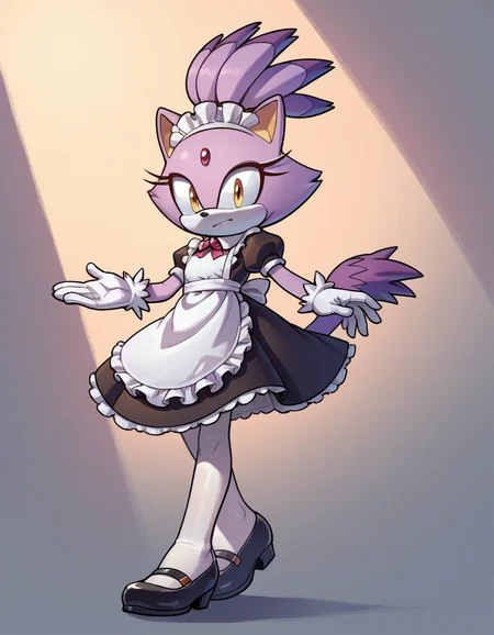 zPDXL, score_9, score_8_up, score_7_up, score_6_up, score_5_up, score_4_up, 1girl, solo, sonic \(series\), 
<lora:EvanStan:0.8> evnstnly, maid outfit, white pantyhose, Mary Janes, maid headdress, maid apron, white gloves, blaze the cat, purple fur, white fur, two-tone fur, forehead jewel, cat ears, cat tail, high ponytail, yellow eyes, flat chest, petite,