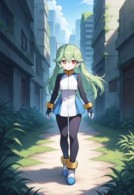 1girl, solo, pandorazxa, reploidform, green hair, long hair, red eyes, robot ears, crop top, dress, sleeveless, bodysuit, bracelet, anklets, shoes, outdoors, city ruins, overgrown plants, walking, parted lips, :o