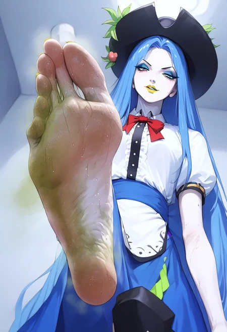 score_9_up, score_8_up, score_7_up, best quality, highres, (((masterpiece))), (sweaty:1.4), 1girl, solo, tenshi, hinanawi tenshi, long hair, blue hair, black hat, peaches, white shirt, blue skirt, waist apron, sweaty feet, sweat dripping from feet, smug, (Pungent Green Stink:1.8), (Extremely Stinky Feet:1.8), stinky feet, smelly feet, rancid feet, cheesy feet, toe jam, foot stink, thick scent, thick smell, inviting, (dirty feet:1.2), dominating, steaming feet, deep arches, stench, foot stench, stink cloud, stink lines, overwhelming stink, shaded face, oily, greasy, long toenails, very long toenails, long nails, from below, low angle, looking down at viewer, pov feet, pale skin, very pale skin, pale feet, very pale feet, yellow lipstick, blue eyeshadow, dirty feet, nasty feet, (((five toes))), footstomp, foot focus, soles, foreshortening, view from below, deep arches, wrinkly soles
