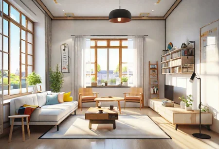 front view, anime-style, modern-style interior, with white walls and large windows, Nordic-style furniture, a  study, Sofa, coffee table, bookcase, single wall, 
warm light morning sun, (the view of the city)