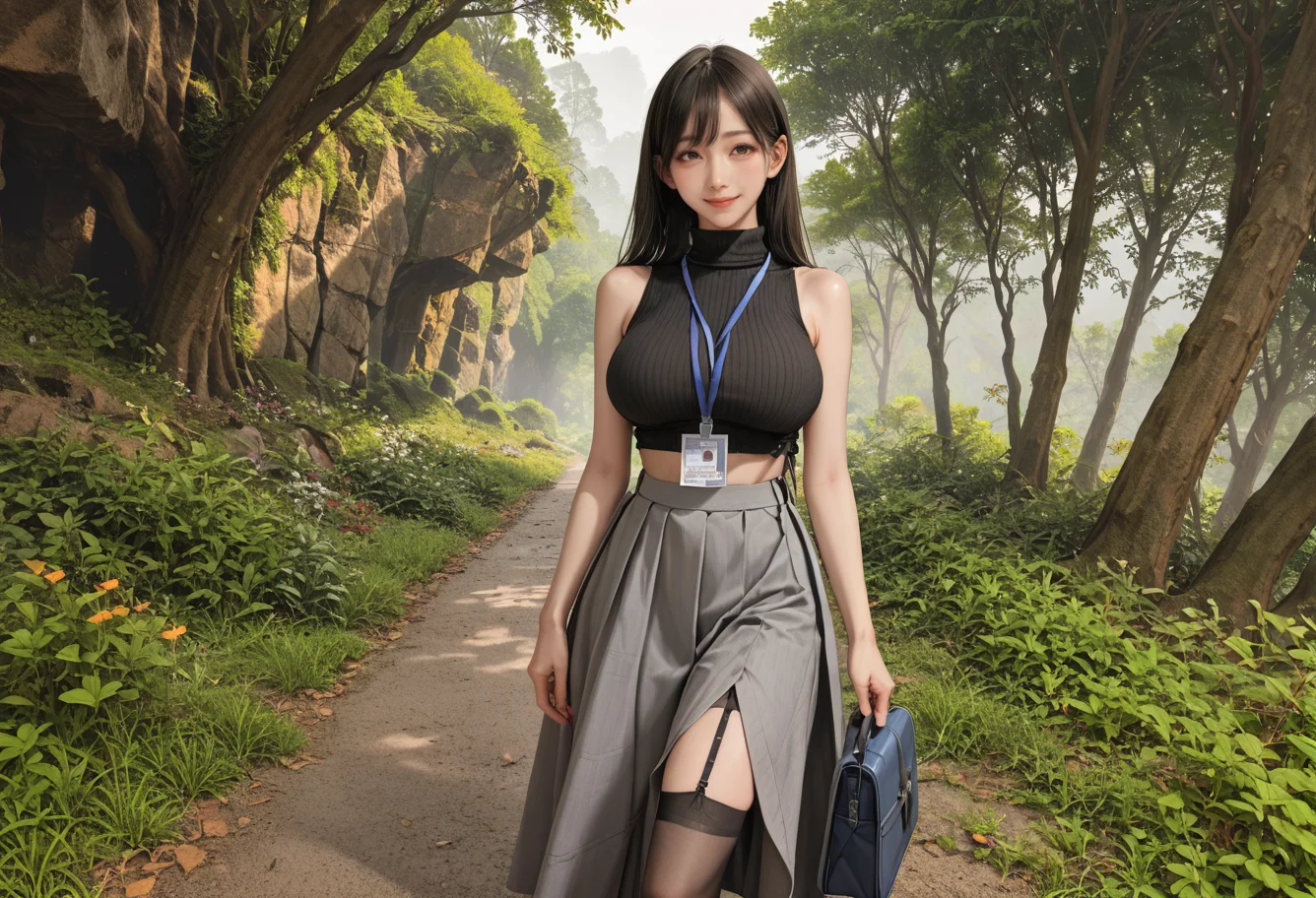 ,ruanyi0910,forest,outdoors,,ruanyi0897,black thighhighs,garter straps,turtleneck,id card,lanyard,grey skirt,crop top,black sleeveless sweater,long skirt,<lora:0910 forest_v1_pony:0.7>,<lora:0897 Home wear 3_v1_pony:0.7>, score_9, score_8_up, score_7_up, score_6_up, score_9, score_8_up, score_7_up, score_6_up source_anime, blush, 1girl, seduce smile, perfect body , natural huge breasts
