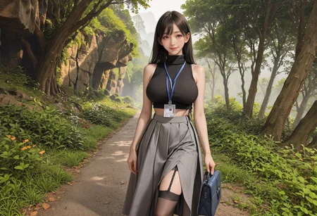 ,ruanyi0910,forest,outdoors,,ruanyi0897,black thighhighs,garter straps,turtleneck,id card,lanyard,grey skirt,crop top,black sleeveless sweater,long skirt,<lora:0910 forest_v1_pony:0.7>,<lora:0897 Home wear 3_v1_pony:0.7>, score_9, score_8_up, score_7_up, score_6_up, score_9, score_8_up, score_7_up, score_6_up source_anime, blush, 1girl, seduce smile, perfect body , natural huge breasts