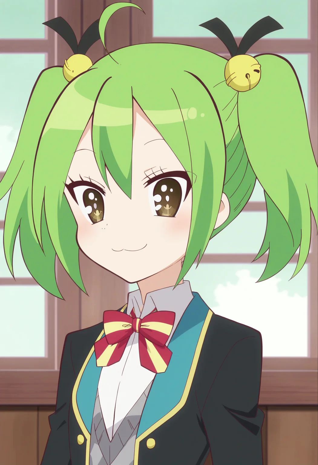 score_9, score_8_up, score_7_up, score_6_up, score_5_up, score_4_up , anime coloring ,BREAK source_anime, anime,screencap,
1girl, solo, gjbu tamaki, skirt, hair ornament, school uniform, <lora:PonyXL GJBU Tamaki V1:1>
indoors,
smile, looking at viewer, upper body