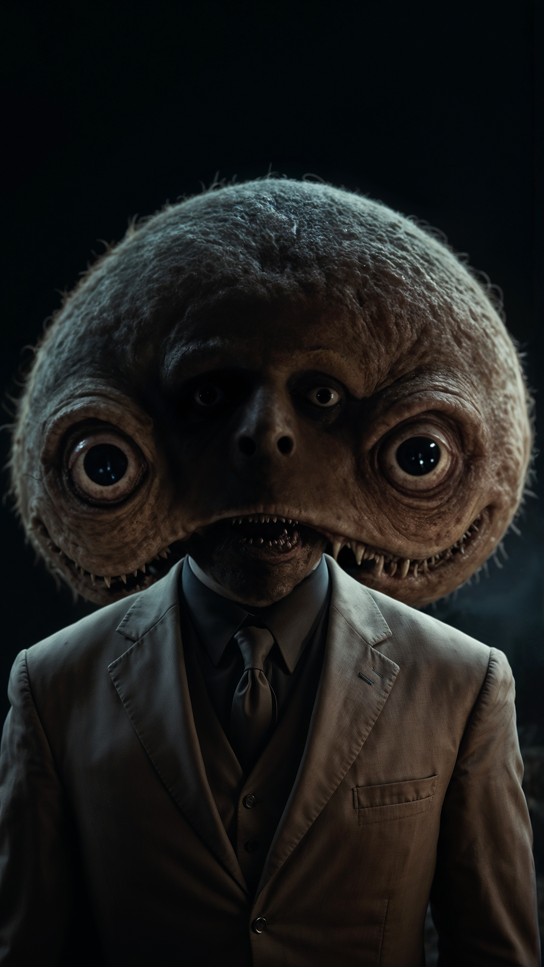 Creepy elegant nightmare man, serious expression, his head scary and monstrous, nightmare atmosphere, surreal, absurde, creepy creatures, dark night blackground