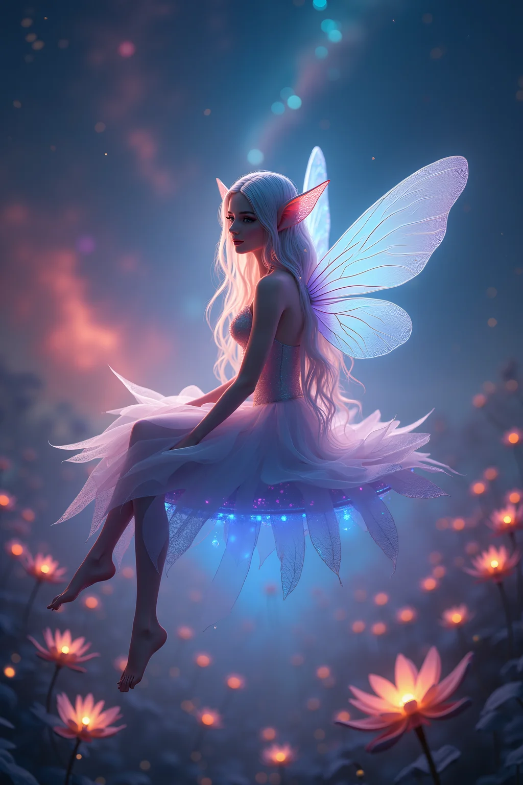 A captivating fantasy elf portrait set in a surreal, floating garden in the sky. The elf, with iridescent, translucent wings like those of a dragonfly, sits gracefully on a floating crystal lily pad. Her flowing hair shimmers with every color of the rainbow and cascades down, merging with the floating flora around her. Her eyes are deep pools of starlight, and her delicate, silver gown is adorned with tiny, twinkling constellations. The garden is filled with glowing, bioluminescent flowers and whimsical, hovering orbs of light. The backdrop features a swirling nebula sky with vibrant hues of pink and purple, creating a dreamlike, cosmic atmosphere. The portrait combines elements of ethereal beauty and celestial wonder, blending fantasy with a touch of otherworldly magic.
