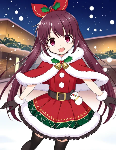 masterpiece, best quality, newest, absurdres, highres, safe, 1girl, amane tsukasa \(christmas costume\), magia record: mahou shoujo madoka magica gaiden, gloves, solo, open mouth, snowing, outdoors, dutch angle, <lora:amane_tsukasa_noobaiXLNAIXL_vPred10Version:0.7>