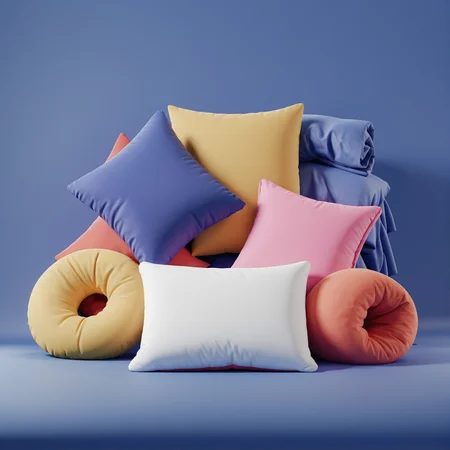 3d render of a different pillows, surrounded by objects, cloth, minimal composition <lora:3d-render:1>