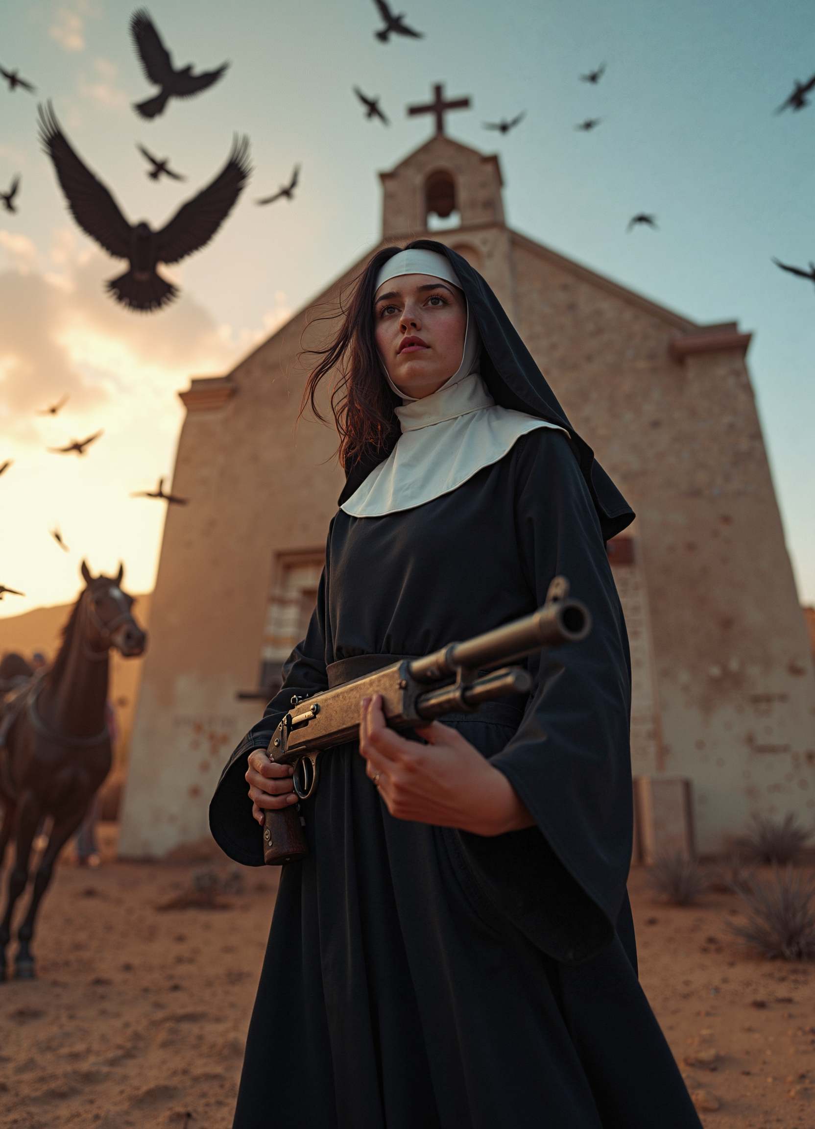 A young nun stands in a heroic pose at the entrance of an old, weathered church in the barren wastelands of Mexico. She grips a sawed-off shotgun firmly in her hands, exuding both grace and danger. Her black habit is slightly windswept, revealing a determined expression with piercing eyes. The camera angle is low, looking up at her like in a heroic action movie, making her appear powerful and resolute.
Behind her, a lone horse stands motionless, its dark mane flowing slightly in the dry wind. Above the crumbling church, a flock of ravens circles ominously, their black silhouettes stark against the golden-red hues of the setting sun. The dusty air is thick with tension, blending Western and post-apocalyptic aesthetics into a strikingly cinematic scene.
