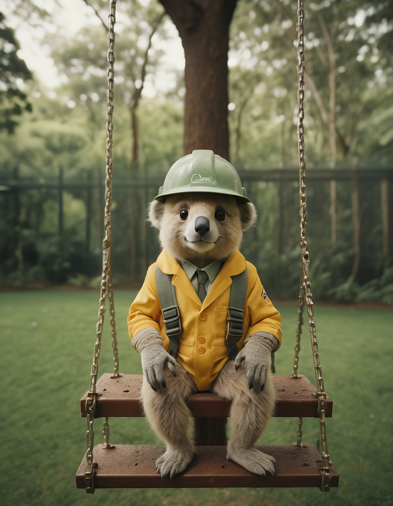 cinematic photo a koala wearing a hard hat sitting on a swing, 35mm photograph, film, bokeh, professional, highly detailed, 4k, uhd, masterpiece