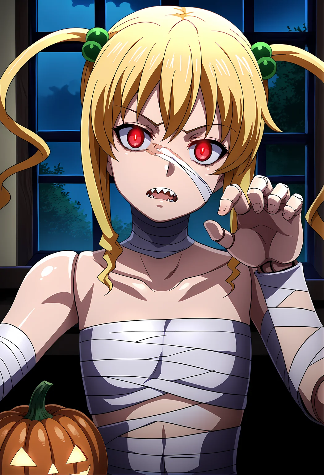 score_9, score_6_up, source_anime,
ohwx, 1girl, solo, blonde_hair, twintails, long_hair, zettai_ryouiki, hair_ornament, hair_bobbles,
mummy costume, bandages, halloween costume, bandaged arm, zombie pose, bandage on face, doll joints,
horror \(theme\), scar, scar on face, blank stare, staring, red eyes, glowing eyes, shiny skin, facing viewer, looking at viewer, head tilt, sharp teeth, pumpkin,
night, window, window fog,
from above, upper body, close-up, dutch angle,
<lora:himegami_kodama_pony_ss:1> <lora:mummy-costume-ponyxl-lora-nochekaiser:1> <lora:doll_joints_v0.1-pony:1>