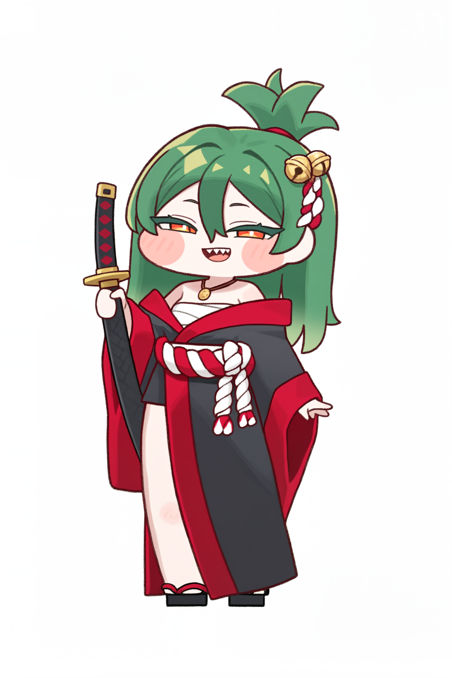 (trickcalcg), (chibi, chibi only:1.3), blush, blush stickers, 
1girl, solo, long hair, looking at viewer, blush, smile, open mouth, simple background, long sleeves, hair ornament, white background, red eyes, holding, hair between eyes, jewelry, bare shoulders, standing, full body, weapon, :d, teeth, green hair, japanese clothes, hand up, sword, wide sleeves, kimono, holding weapon, necklace, chibi, orange eyes, sash, bell, blush stickers, half-closed eyes, sandals, transparent background, sharp teeth, katana, sheath, sarashi, sheathed, geta, black kimono, shimenawa, zouri, topknot, chest sarashi, okobo, suro \(trickcal\), 
(masterpiece, best quality, absurdres, highres, newest, very awa:1.2), 