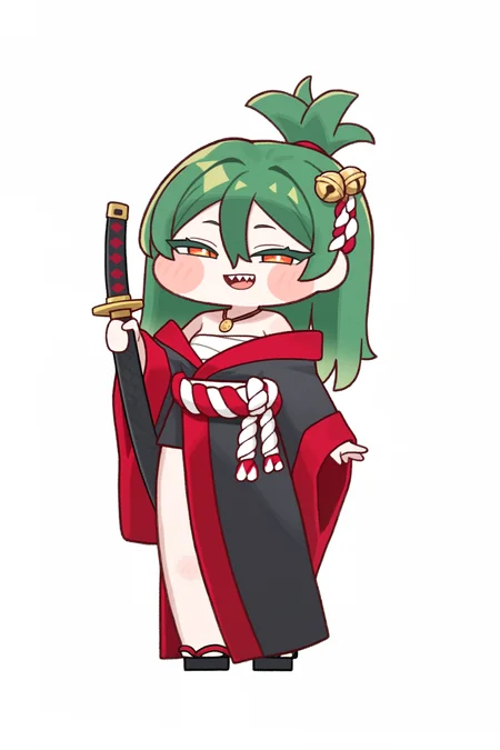 (trickcalcg), (chibi, chibi only:1.3), blush, blush stickers, 
1girl, solo, long hair, looking at viewer, blush, smile, open mouth, simple background, long sleeves, hair ornament, white background, red eyes, holding, hair between eyes, jewelry, bare shoulders, standing, full body, weapon, :d, teeth, green hair, japanese clothes, hand up, sword, wide sleeves, kimono, holding weapon, necklace, chibi, orange eyes, sash, bell, blush stickers, half-closed eyes, sandals, transparent background, sharp teeth, katana, sheath, sarashi, sheathed, geta, black kimono, shimenawa, zouri, topknot, chest sarashi, okobo, suro \(trickcal\), 
(masterpiece, best quality, absurdres, highres, newest, very awa:1.2), 