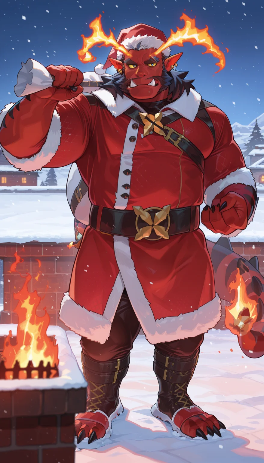 masterpiece, best quality, amazing quality, 1boy, solo,
astarlah, moustache, earrings, yellow sclera, blue eyes, (fire antenna), black slick hair, white ahoge, orc teeth, spiky tail, (fire tip on tail)
santa outfit, bag over shoulder,
standing on rooftop, chimney, snow,