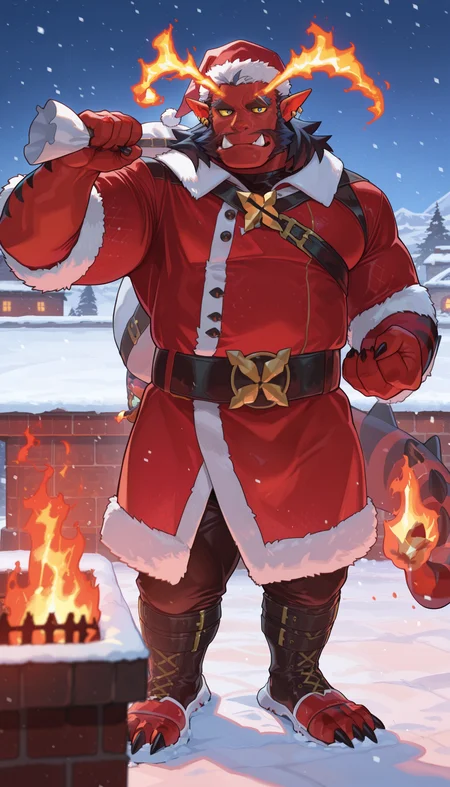 masterpiece, best quality, amazing quality, 1boy, solo,
astarlah, moustache, earrings, yellow sclera, blue eyes, (fire antenna), black slick hair, white ahoge, orc teeth, spiky tail, (fire tip on tail)
santa outfit, bag over shoulder,
standing on rooftop, chimney, snow,