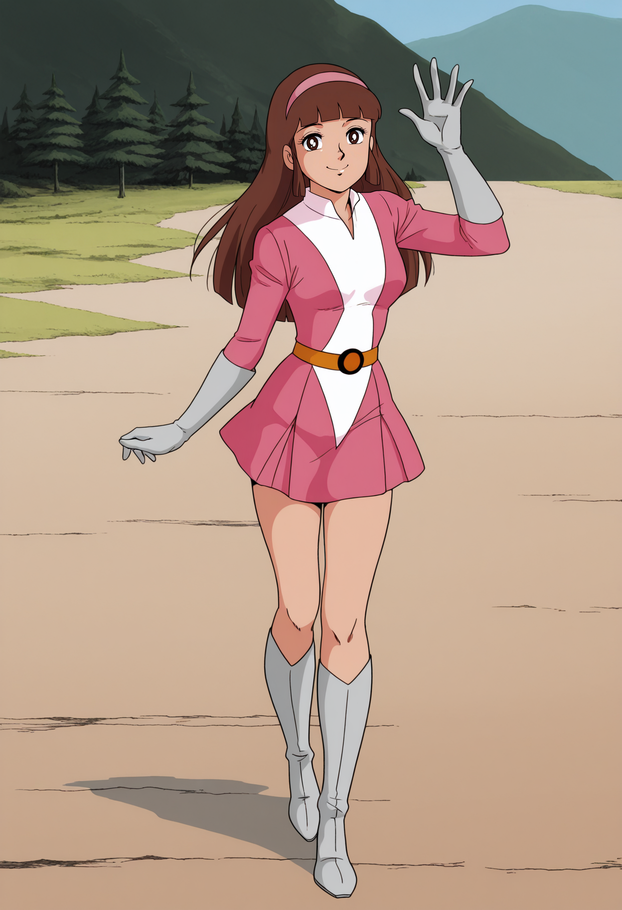 1girl,solo,mm,mature female,long hair,brown hair,hairband,bangs,blunt bangs,brown eyes,retro artstyle,anime coloring,
pink pilot suit,gloves,skirt,boots,looking at viewer, smile,waving, outdoors
,masterpiece,best quality,amazing quality,<lora:Sayaka_Yumi-Mazinger_Z_1972:0.8>