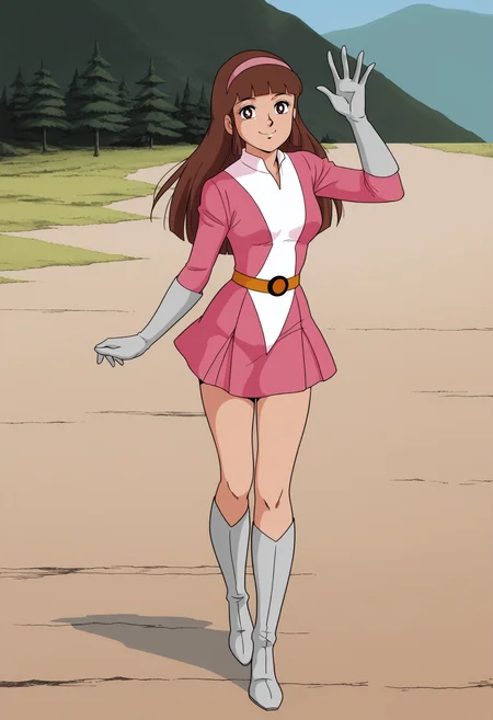 1girl,solo,mm,mature female,long hair,brown hair,hairband,bangs,blunt bangs,brown eyes,retro artstyle,anime coloring,
pink pilot suit,gloves,skirt,boots,looking at viewer, smile,waving, outdoors
,masterpiece,best quality,amazing quality,<lora:Sayaka_Yumi-Mazinger_Z_1972:0.8>