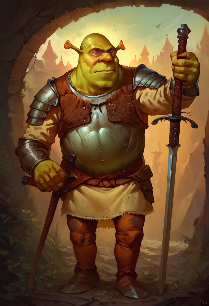 male focus, solo focus, solo, score_9, score_8_up, score_7_up, 1boy, shrek, green skin, armor, ZweihanderV1.1-pose1, weapon, sword, holding weapon, holding,