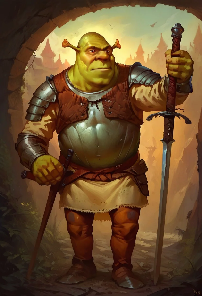 male focus, solo focus, solo, score_9, score_8_up, score_7_up, 1boy, shrek, green skin, armor, ZweihanderV1.1-pose1, weapon, sword, holding weapon, holding,