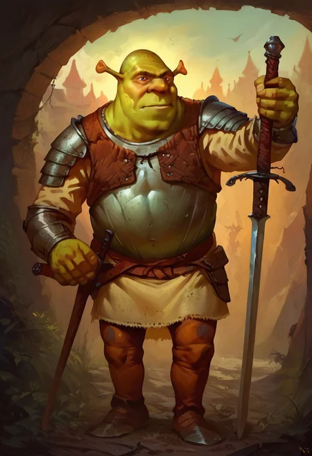 male focus, solo focus, solo, score_9, score_8_up, score_7_up, 1boy, shrek, green skin, armor, ZweihanderV1.1-pose1, weapon, sword, holding weapon, holding,