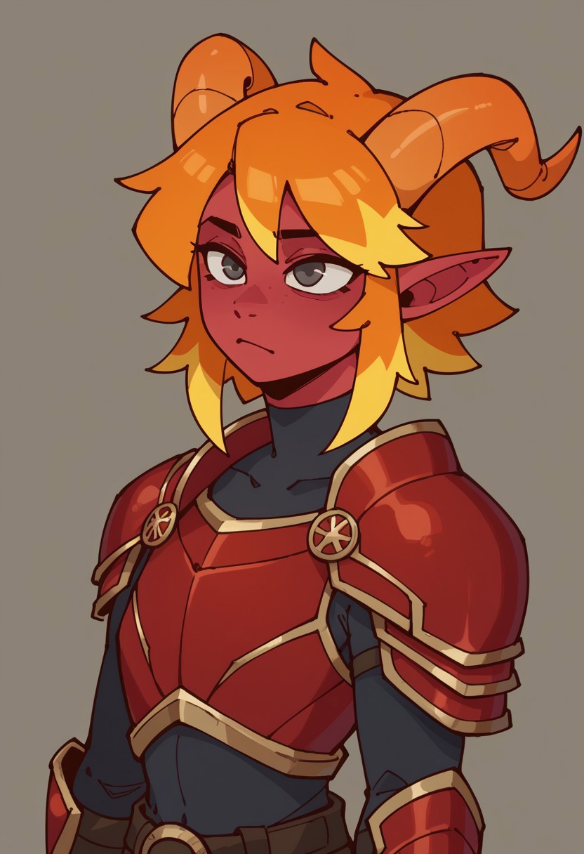 score_9, score_8_up, score_7_up, score_6_up, score_5_up, score_4_up, solo, Tiefling,  dark gray eyes, orange horns with square markings and yellow glowing tips, orange hair with yellow highlights, white and red skin, and red armor with yellow squares
<lora:ethos:1>
