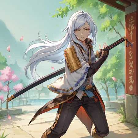 score_7_up, score_8_up, score_9_up, BREAK, 1girl, transwoman, beautiful woman, powder blue hair, long hair, swept bangs, gold eyes, narrowed eyes, looking at viewer, flat expression, parted lips, alluring, flat chest, samurai, white flowing coat, black pants, fingerless gloves, solo, iaidou, weapon, katana, holding sword, ready to draw, cherry blossoms, outdoors, night