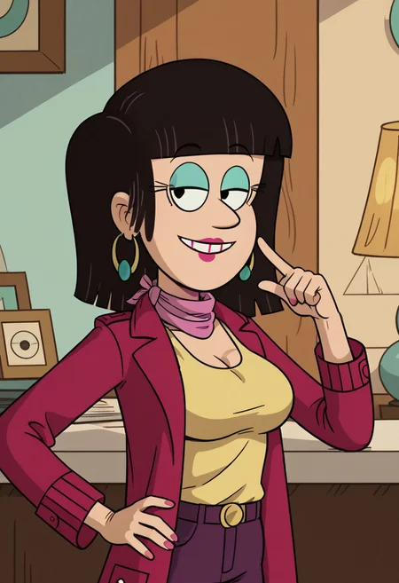 ((room background)),score_9, score_8_up, score_7_up,score_6_up,
1girl, solo, Mrs.Bernard_TLH, light skin, black hair, turquoise eyeshadow, eyelashes, black eyes, shoulder long hair, fuchsia lips, golden circular, pink scarf, yellow tank top, fuchsia plum coat, purple pants, black flat shoes, tall, social smile, perfect eyes, perfect smile, looking at the viewer, detailed eyes, perfect eyes, standing, big breasts (front pose, bust shot) five fingers, perfect hands, (hands on waist:1)