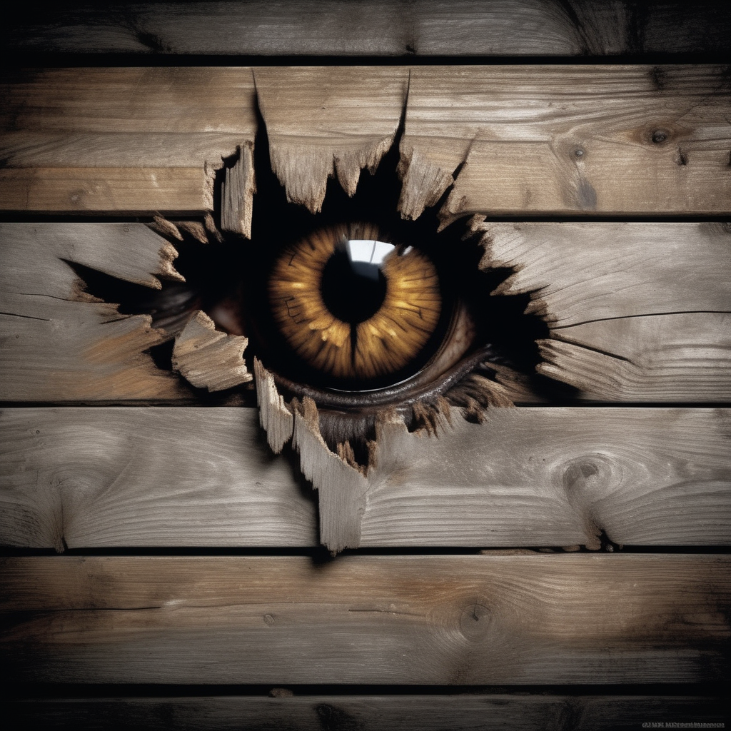 hole,A photorealistic image of a wooden wall that is cracked and weathered, showing signs of age and distress. Through the cracks in the wood, a pair of menacing eyes should be visible, glowing subtly in the dark background. The eyes should evoke a sense of dread and intensity, as if belonging to a predatory creature lurking in the shadows. The wooden wall should have realistic textures, with splinters and grain visible. The lighting should be dim, emphasizing the darkness behind the wall and making the eyes stand out as the focal point, <lora:hole2:0.6>