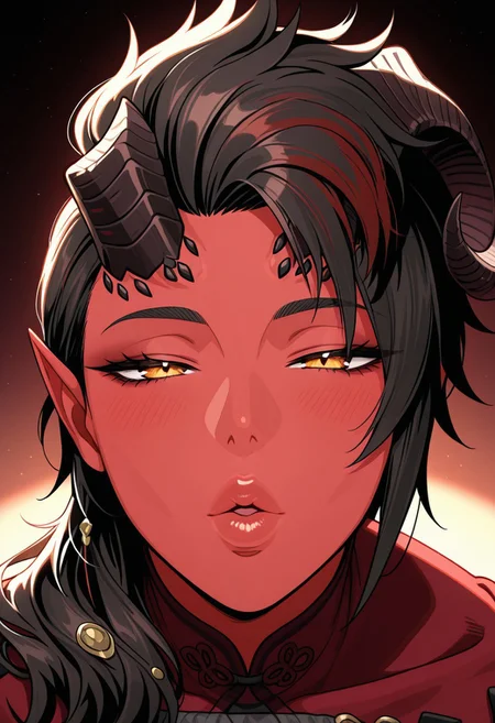 pov, incoming kiss, looking at viewer, puckered lips, thick lips, parted lips, half-closed eyes
masterpiece, best quality, absurdres, highres,
<lora:ILBGKarlach:1.0>
BGKarlach, 1girl, demon horns, black hair, long hair, red skin, detailed eyes, detailed lips, luscious lips, glossy lips, looking at viewer, portrait