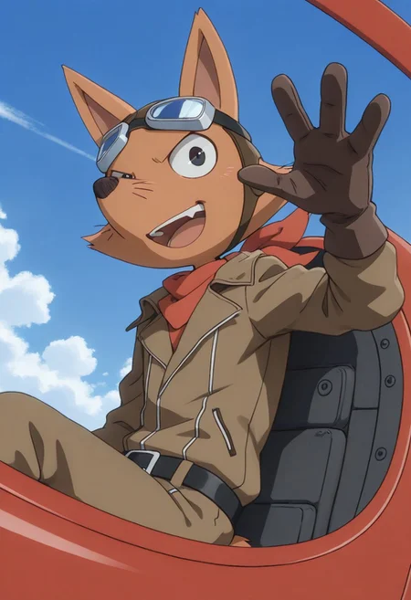 detailed background, detailed fur, solo, 1boy, young adult, muscular, (ZorondoRon), fox, very expressive, happy, head movement, beautiful sky background, outdoors, clear skies scenery, sitting in red plane, flying, waving at viewer, brown aviators outfit, brown gloves, aviator googles, red scarf around neck, detailed scenery, masterpiece, best quality, amazing quality, absurdres, newest, high res, ultra detailed, best quality, best artwork, detailed eyes, (eyes focus), perfect eyes, big iris, pupils visible, 4k, ultra quality, perfect face