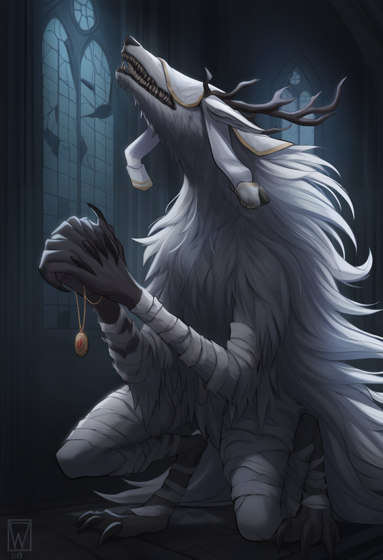 masterpiece, best quality, newest, hdr, dark, night, indoors, church, broken window, alter, closed mouth, solo,  1ma1v0r, amulet, antlers, white bandages, bandaged arm, bandaged leg, claws, digitigrade, monster, sharp teeth, fangs, snout, white veil over eyes, covered eyes, werewolf, white fur, white hair, long hair, no humans,
holding amulet, own hands together, praying
<lora:Vicar Amelia:1>