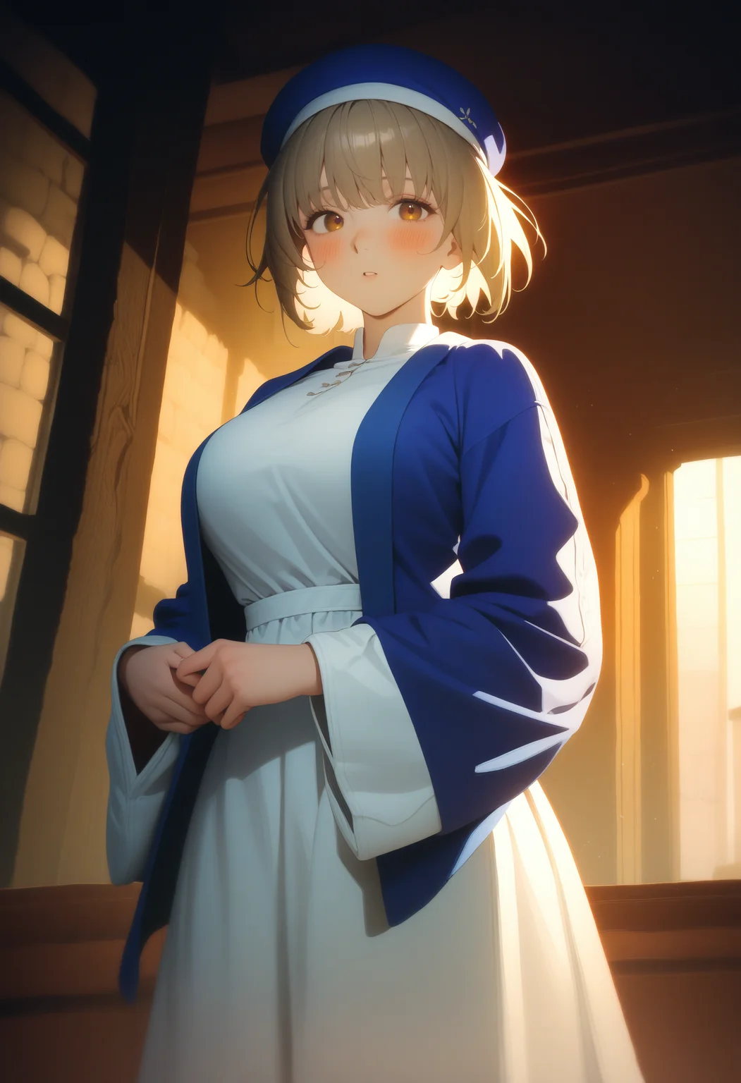 falin thorden, falin original outfit, short hair, brown footwear, large breasts, blush, white pants, blue headwear, robe, hat, long sleeves, jacket, white dress
cowboy shot, indoors, dungeon, atmospheric, looking at viewer,
masterpiece, best quality, very aesthetic, absurdres
<lora:dungeon_meshi_collection_ani_v23:1>