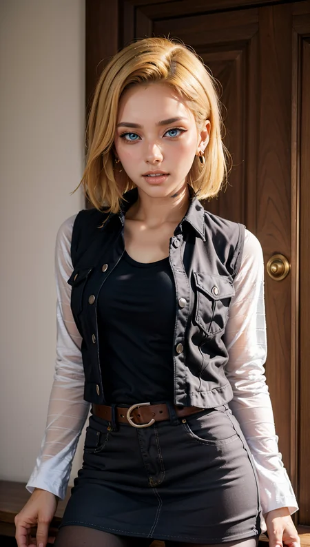 masterpiece, best quality, intricate detail,  <lora:android_18_v110:0.6> android_18, and18, 1girl, android 18,  dragon ball z setting,  solo, blonde hair, short hair,  blue eyes, earrings, jewelry, denim vest, open vest, black pantyhose, black shirt, denim skirt, striped long sleeves, blue skirt,   clenched teeth,  <lora:emotion_angry_slider_v1:0.8>