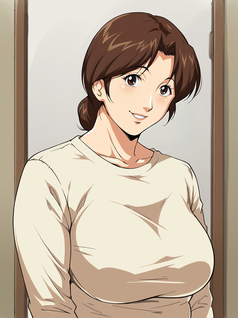 <lora:Junk_Center_Kameyoko_Bldg-mitsuko_shindo:0.8>,mitsuko,1girl,solo,brown hair,mature female,brown eyes,breasts,shirt,upper body,looking at viewer,smile,indoors